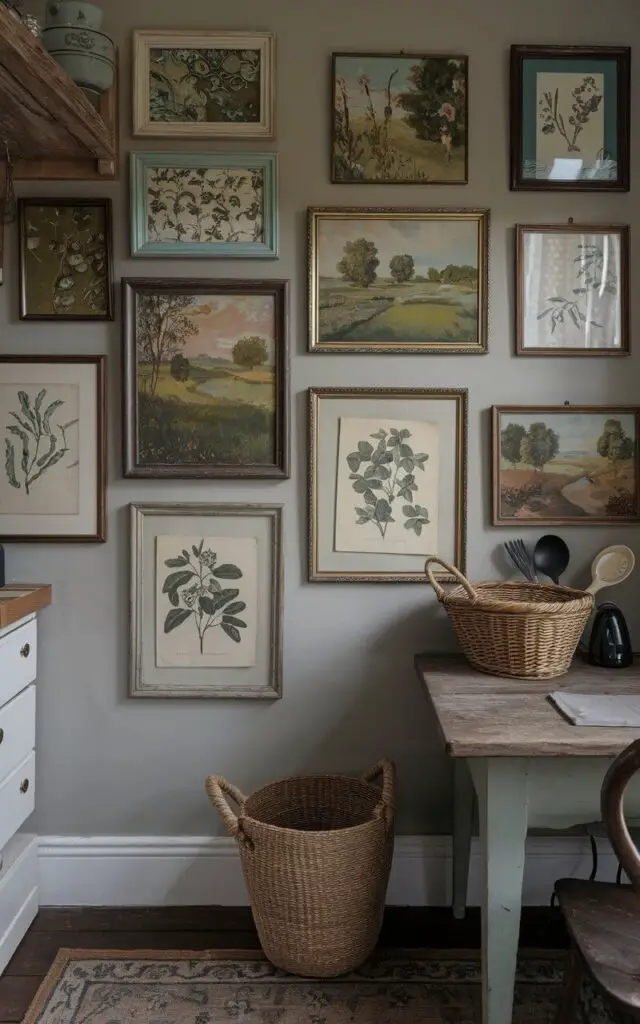 A photo of a vintage-style cottage kitchen with a wall adorned with framed botanical prints and pastoral landscape paintings. The vintage-style frames and muted color palette add character and charm to the space, bringing a sense of nostalgia and personal style to the room. There's a wooden table with a woven basket and a few utensils. The floor is covered with a patterned rug.