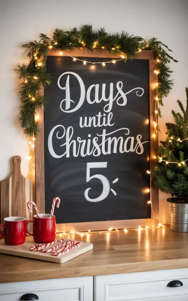 A well designed and very minimalist Christmas kitchen highlighted by a well decorated chalkboard framed with pine garlands and soft string lights. The board reads “Days Until Christmas: 5” in elegant white chalk, becoming the playful focal point of the space. A nearby cocoa station with red mugs and candy canes adds warmth, while a small potted pine tree twinkles in the background. The combination of dark chalkboard texture, soft wood elements, and festive lighting creates a visually rich yet orderly composition. This charming detail brings both anticipation and style to the modern Christmas kitchen.