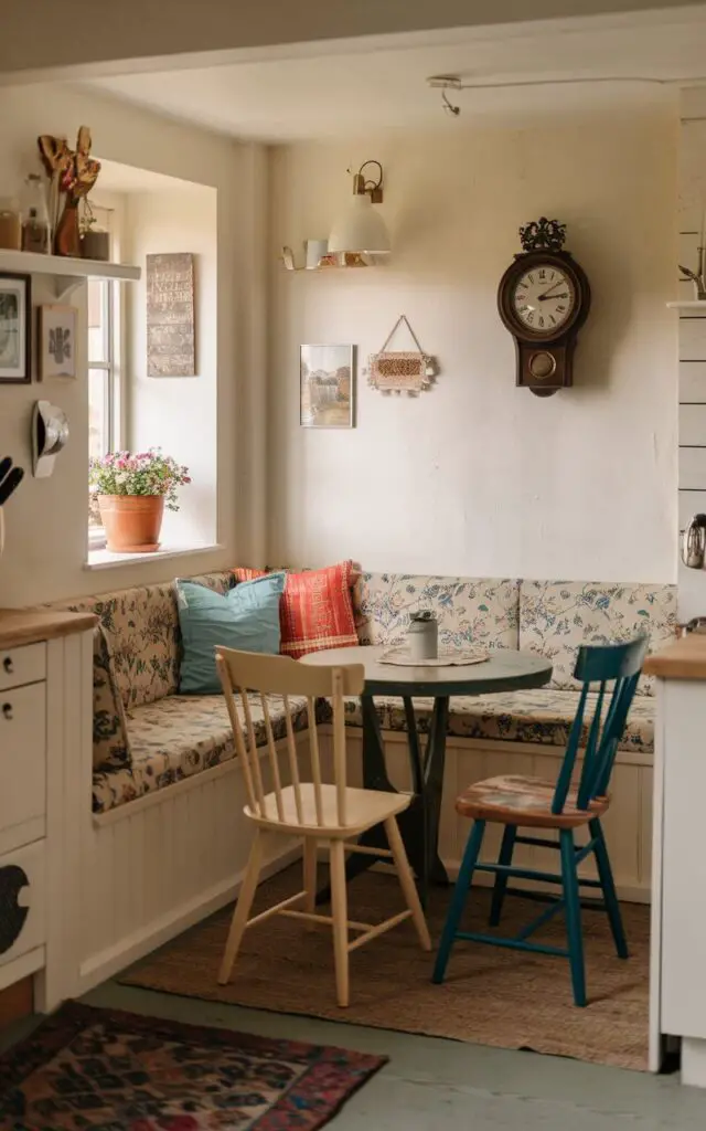 A photo of a cozy breakfast nook in a cottage kitchen. There's a built-in bench with floral cushions, a small round wooden table, and two mismatched chairs. The wall has a few pictures and a vintage clock. There's a window with a flower pot near the nook. The floor is covered with a rug. The light is warm.