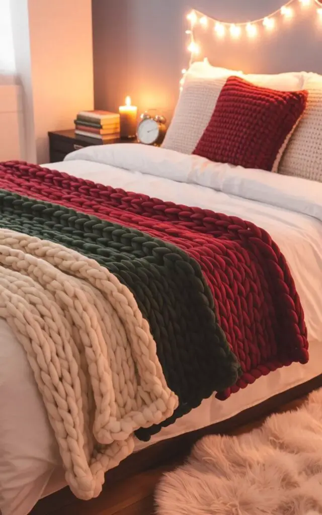 A king-sized bed with a smooth white duvet is the central focus, layered with three thick, chunky knit blankets in deep red, forest green, and creamy ivory. A plush, floor-length faux fur throw in a similar ivory tone drapes casually over the foot of the bed, creating a textured cascade of warmth. A single, unscented beeswax candle sits on a dark wood nightstand beside the bed, casting a gentle glow that illuminates a stack of neatly arranged books and a small silver alarm clock. The room features light gray walls with a string of warm white fairy lights draped along the upper edge, creating a soft, inviting atmosphere, while a plush, ivory-colored area rug covers the hardwood floor.