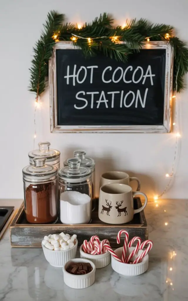 A photograph of a minimalist Christmas kitchen corner featuring an elegantly arranged hot cocoa bar with clean, uncluttered styling. A rustic reclaimed wood tray displays clear glass apothecary jars filled with rich cocoa powder, granulated sugar, and cinnamon sticks, paired with cream-colored ceramic mugs adorned with delicate reindeer silhouettes. Above the display, a sleek black chalkboard sign reading "Hot Cocoa Station" is framed by fresh pine garlands and warm white fairy lights that create a soft, golden glow across the marble countertop. Small white porcelain bowls contain fluffy marshmallows, striped candy canes, and dark chocolate shavings, while the entire scene maintains a sophisticated balance between festive charm and modern minimalist design.