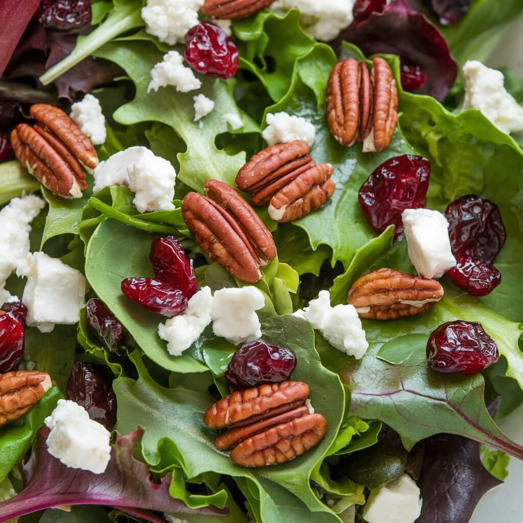 A photo of a fresh salad with mixed greens, bright ruby-red dried cranberries, and crunchy pecans sprinkled on top. Creamy goat cheese crumbles are scattered throughout. The salad is lightly dressed with a cranberry vinaigrette, giving the greens a glistening finish. The ingredients create a textured and colorful Thanksgiving salad.