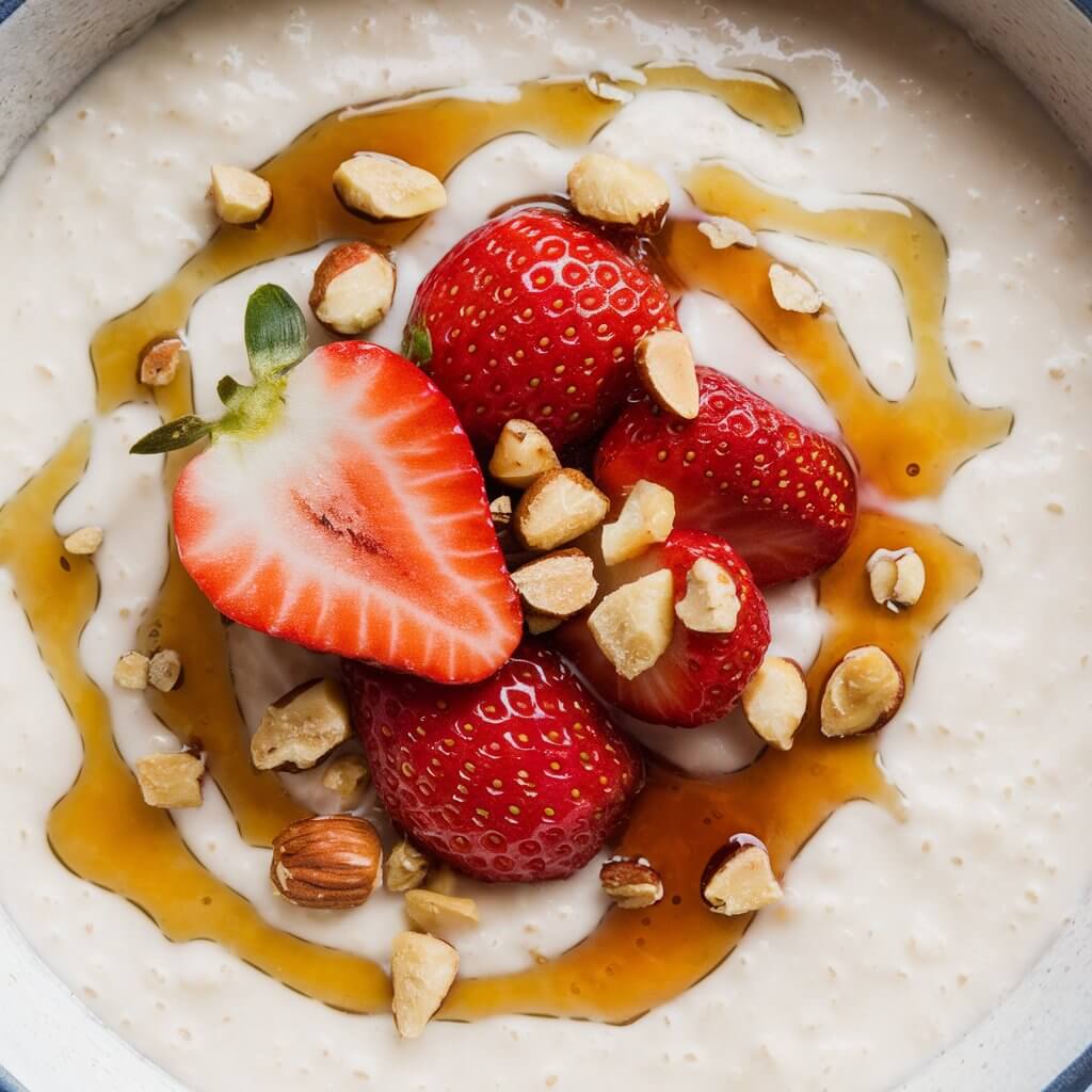 A photo of a white cream of wheat porridge with a velvety texture. The porridge is topped with fresh strawberries, crushed nuts, and a drizzle of maple syrup. The strawberries and syrup create a visually appealing and inviting breakfast. The background is simple and unadorned.