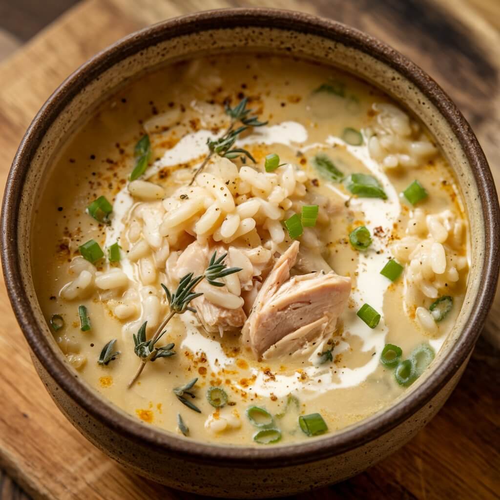 A photo of a creamy chicken and rice soup served in a rustic ceramic bowl. The velvety broth is filled with soft grains of rice, chunks of chicken, and herbs like thyme. A swirl of cream adds an extra layer of richness, while small specks of pepper and fresh green onions decorate the top of the soup. The bowl is placed on a wooden board.