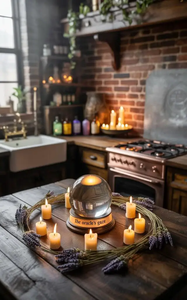 A photograph of a meticulously decorated witch's kitchen, centered around a luminous crystal ball resting on a dark, aged wooden table. The crystal sphere pulsates with an inner light, surrounded by a carefully arranged circle of flickering beeswax candles, sprigs of dried lavender, and antique apothecary bottles filled with colorful liquids. Exposed brick walls with creeping ivy and weathered wooden beams create a rustic backdrop, while the warm glow of candlelight illuminates the polished copper gas stove and a nearby stone sink with a brass faucet. Soft, diffused lighting emphasizes the enchanting atmosphere, drawing the eye to the captivating glow of "The Oracle's Gaze" inscribed on a small plaque beneath the crystal ball.