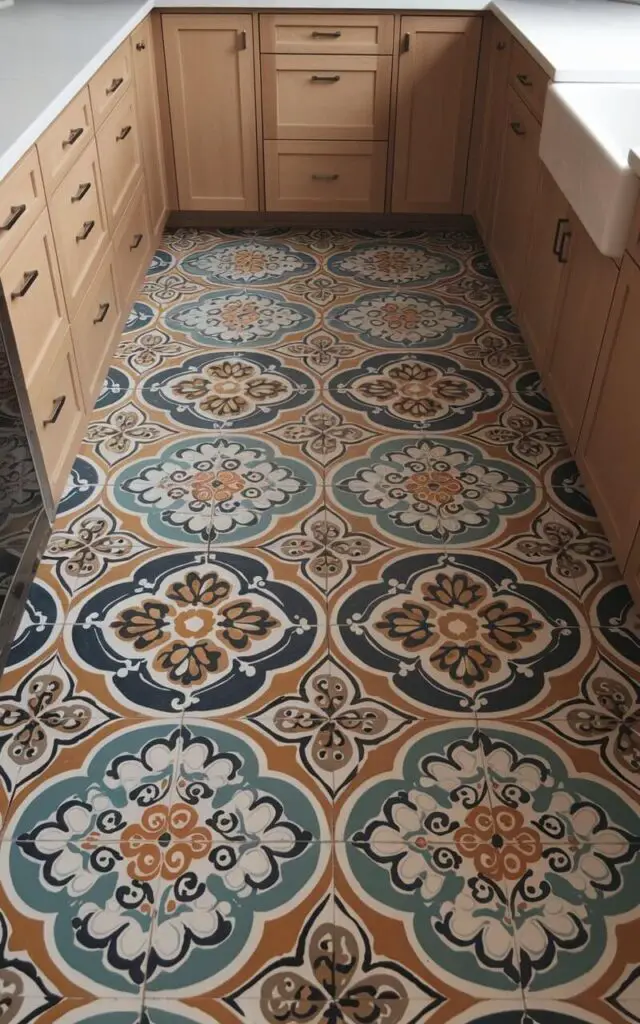 A photo of a hand-painted cement tile kitchen floor with intricate patterns in shades of teal, mustard, and white. The floor features a variety of designs, including floral patterns, geometric shapes, and text. Each tile is a unique work of art. The floor is surrounded by simple wood cabinetry and neutral countertops.