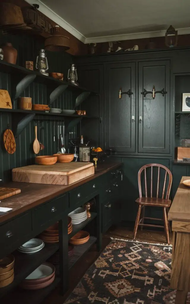 A witchy kitchen with dark wooden countertops, shelves, and furniture. There's a rustic butcher block and wooden bowls on the counter. The walls have dark green cabinets and are adorned with various items, such as a lantern, a wooden spoon, and a cooking utensil. There's a wooden chair in the corner. The floor is covered with a patterned rug. The room has a warm yet moody atmosphere.