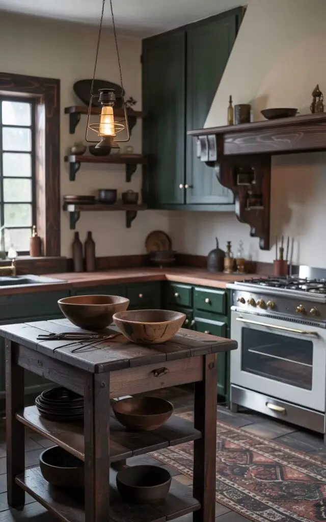 A photograph of a minimalist witchy kitchen featuring dark wooden countertops and shelves that create a mysterious ambiance. A rustic butcher block sits centrally, holding weathered wooden bowls and antique iron utensils, while a single, flickering lantern hangs above, casting a warm glow on the scene. Deep green overhead cabinets contrast beautifully with the natural wood, complemented by a patterned rug in muted earth tones and a gas stove framed by dark wood trim. Soft, diffused natural light filters through a window, highlighting the textures and adding a sense of quiet magic to the space.