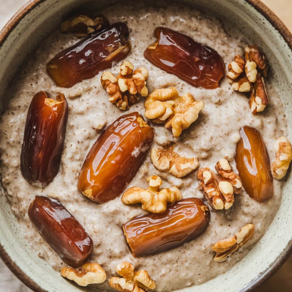 A photo of a ceramic bowl containing a hearty date and walnut porridge. The porridge has a smooth, creamy texture and is speckled with soft, caramel-colored dates and crunchy walnut pieces. The rich brown tones of the dates and nuts add depth and texture to the warm, comforting porridge.