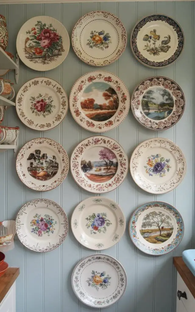 A photo of a small cottage kitchen wall with a beautifully arranged collection of decorative plates. The plates have floral and landscape designs, creating a charming and colorful focal point. The plates' vintage style enhances the room's cozy cottage aesthetic.