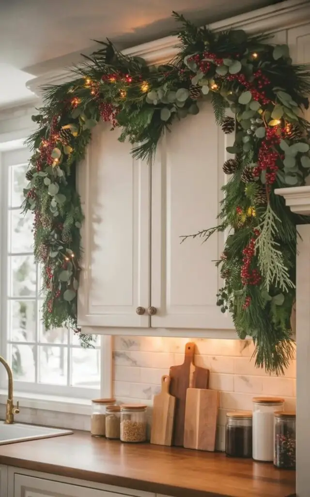 A lush garland made of pine, cedar, and eucalyptus branches with interwoven red berries, pinecones, and small fairy lights is draped across the top of white upper kitchen cabinets. The garland’s needles and berries are densely packed, contrasting with the smooth, matte finish of the cabinetry and the glossy marble backsplash behind it. Below the cabinets, wooden countertops display several rustic cutting boards and a collection of ceramic jars filled with various spices and grains. Soft winter light streams through a nearby window, illuminating the natural wood grain of the countertops and reflecting gently off the marble, creating a warm and inviting atmosphere.