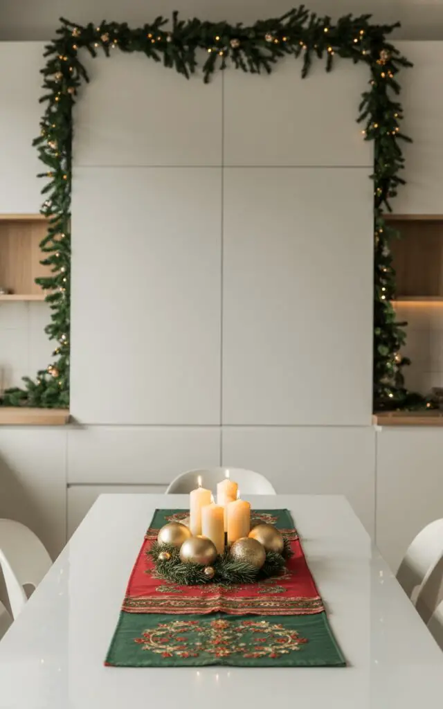 A minimalist modern kitchen photographed during Christmas, featuring a pristine white dining table as the central focal point. The table is elegantly dressed with a luxurious red, green, and gold table runner displaying intricate embroidered patterns, while a symmetrical centerpiece of ivory pillar candles and metallic gold ornaments creates a warm, flickering glow. Delicate evergreen garlands with tiny twinkling fairy lights frame the clean white cabinetry and windows, their soft illumination casting gentle shadows across the polished surfaces. The overall composition balances understated elegance with festive warmth, showcasing refined Christmas sophistication through careful lighting and minimal decorative elements.