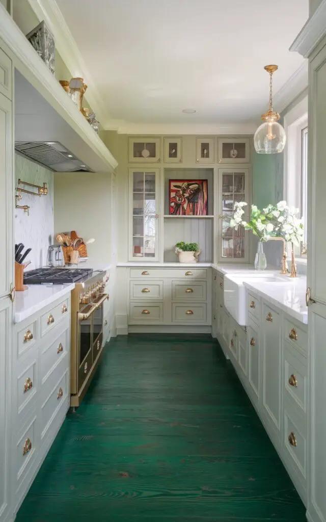 A photo of a luxurious emerald green hardwood kitchen floor. The deep jewel tone contrasts beautifully with light-colored cabinets and gold hardware. The natural wood grain adds texture and depth, creating a sophisticated and stylish kitchen space with a dramatic twist.