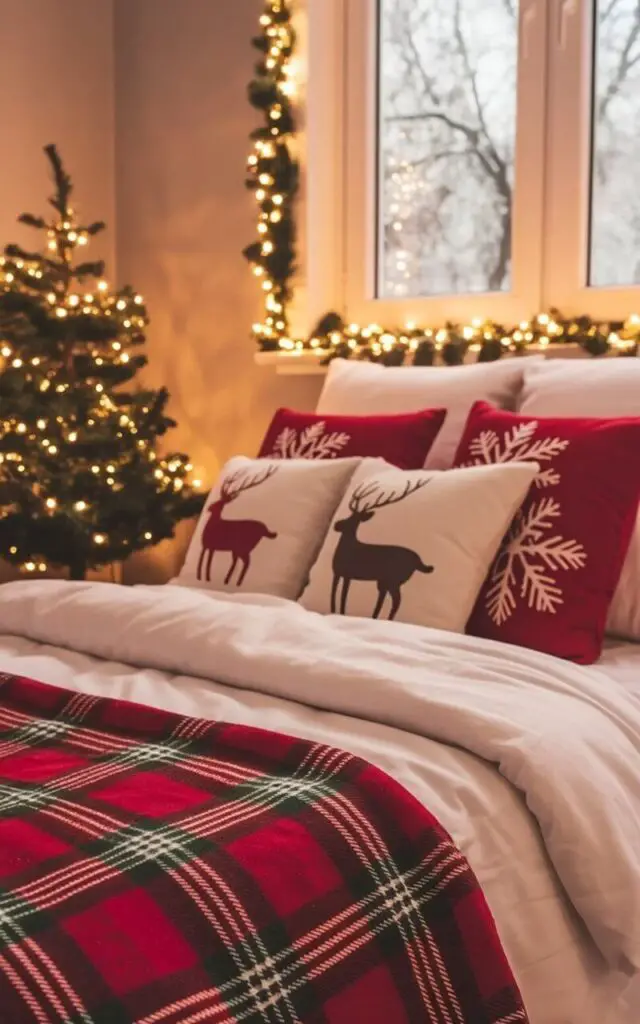 A neatly made bed with crisp white linens sits within a bedroom, accented by a red plaid throw blanket and several holiday-themed pillows displaying images of snowflakes and reindeer. Golden fairy lights are carefully strung along the headboard of the bed and across the window frame, casting a soft glow on the room’s pale walls. A miniature Christmas tree, decorated with small silver and gold ornaments, stands in the corner, illuminated by the fairy lights. The window reveals a snowy landscape outside, with bare tree branches visible against a gray sky, creating a tranquil and cozy atmosphere.