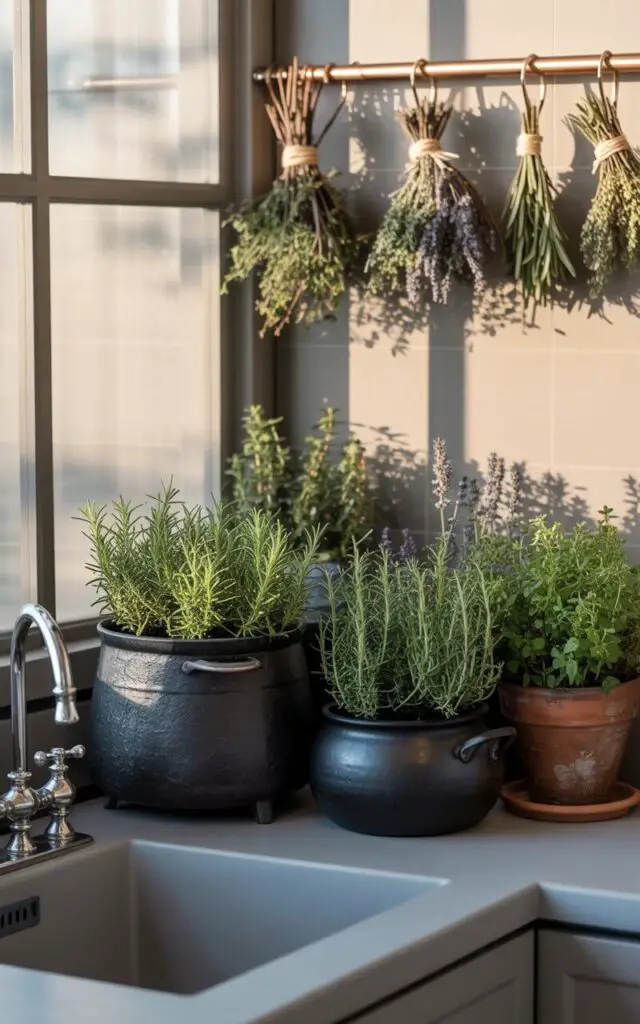A photograph of a cozy corner within a minimalist witchy kitchen, showcasing a thriving indoor herb garden. Several small black cauldrons and aged terracotta pots overflow with vibrant rosemary, thyme, and fragrant lavender, arranged neatly on a light grey countertop. Above the herb display, bundles of dried herbs tied with natural twine hang from a copper rod, casting soft shadows, while a gleaming stainless steel faucet on a nearby white kitchen sink reflects the natural light filtering through a large window. The scene exudes a sense of quiet magic and functionality, bathed in the gentle glow of the afternoon sun.