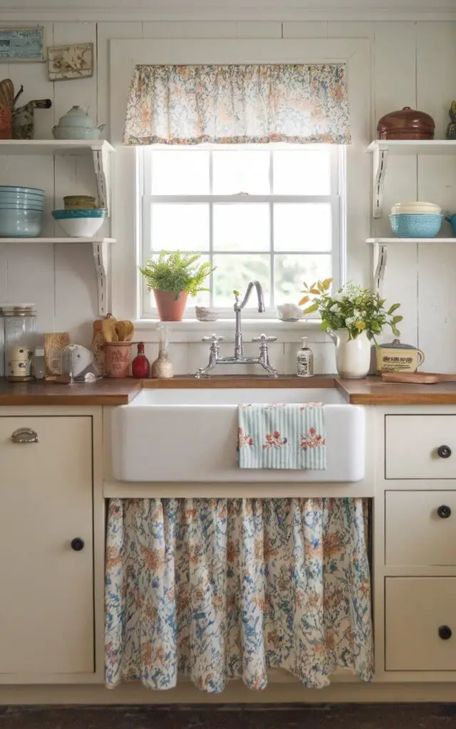 A photo of a small cottage kitchen with a floral-patterned fabric curtain instead of cabinet doors beneath the sink. The curtain is colorful and cheerful, adding an old-fashioned charm to the space. It complements the farmhouse sink and rustic decor.