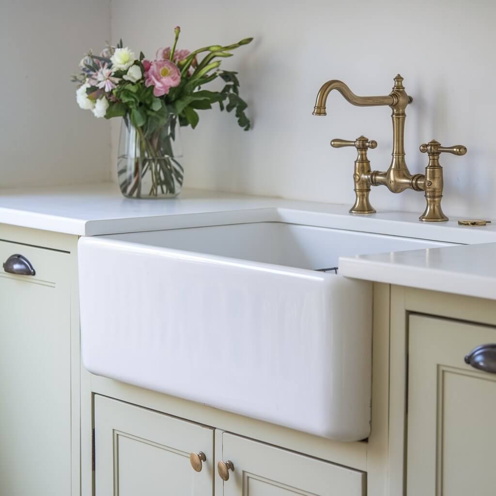 A charming small cottage kitchen with a white farmhouse sink and a vintage-style brass faucet. The sink has a deep apron front. There are light green cabinets underneath the sink. Fresh flowers in a vase sit on the counter, adding a touch of nature to the rustic space.