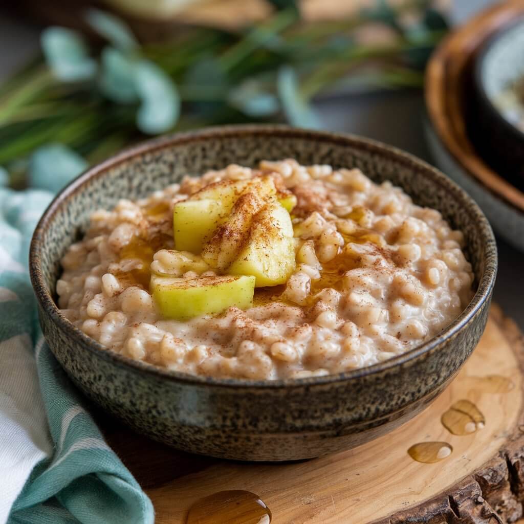 A photo of a rustic bowl of soft creamy farro porridge with a chewy, hearty texture. The porridge is mixed with chunks of baked apple, a sprinkle of cinnamon, and a drizzle of honey. The bowl is placed on a wooden board. The background is blurred and consists of greenery and a few other dishes.