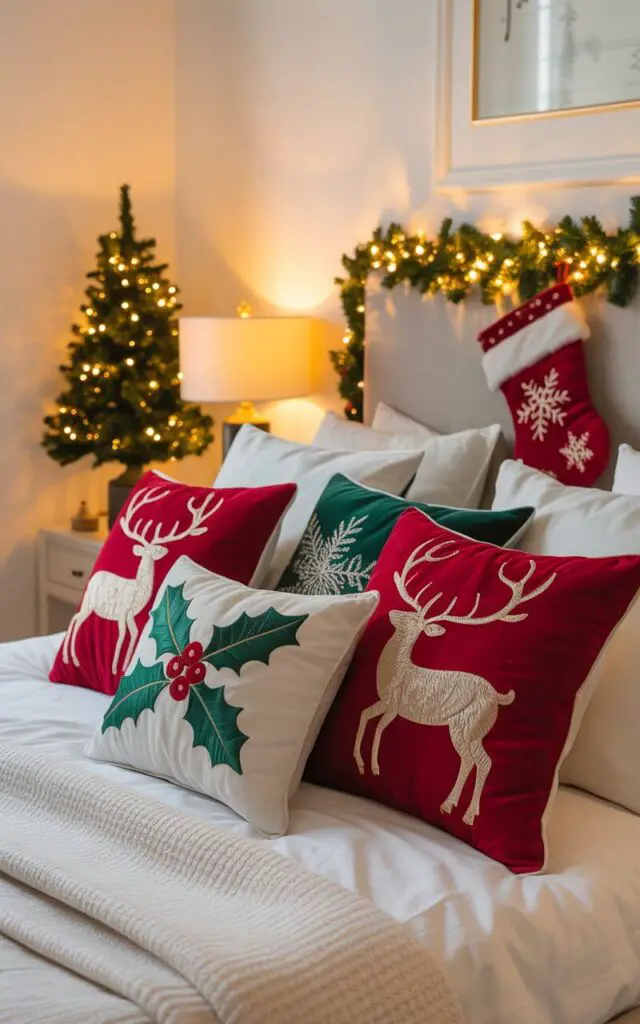 A bright, elegantly decorated Christmas bedroom showcasing a plush bed adorned with an artful arrangement of holiday-themed accent pillows. The pillows feature charming seasonal motifs including embroidered reindeer silhouettes, delicate snowflake patterns, and glossy holly leaves in rich crimson and forest green tones that create striking contrast against crisp white bedding and linens. A perfectly proportioned miniature Christmas tree with twinkling lights sits on a bedside table alongside festive stockings draped nearby, while warm golden ambient lighting from table lamps and string lights bathes the entire space in a cozy, inviting glow. The room maintains a sophisticated minimalist aesthetic with clean lines and balanced proportions, creating a harmonious blend of seasonal joy and refined elegance.