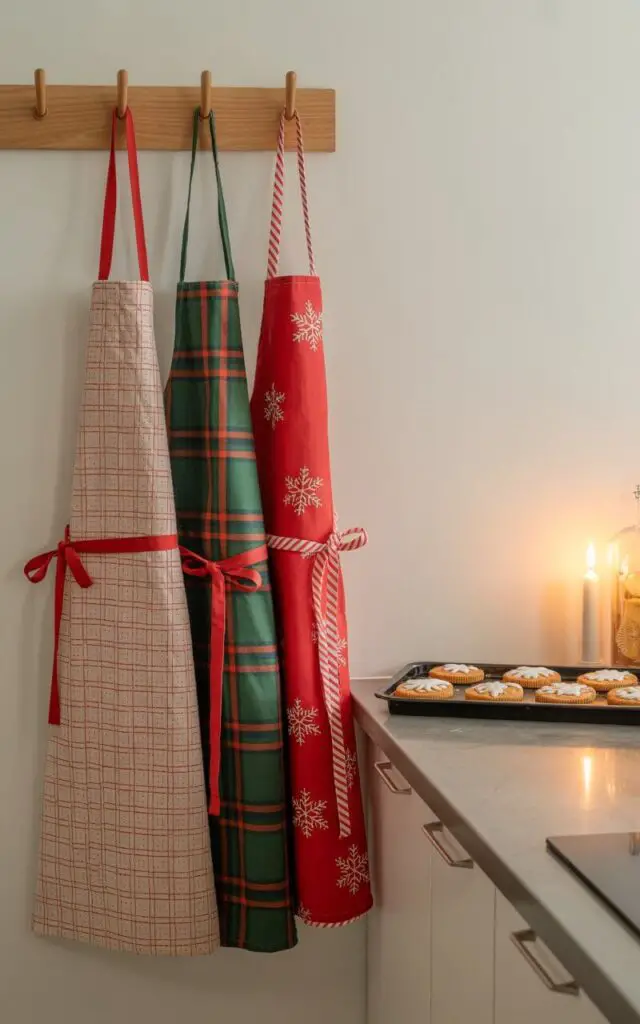 A well designed and very minimalist Christmas kitchen with well decorated Adult long aprons hanging neatly on a wooden rack The aprons feature playful holiday designs—red-and-green plaid, red snowflakes, and candy cane stripes—each tied with matching ribbon cords. The space around them remains clean and serene, with light-colored walls and polished countertops enhancing the vivid holiday textiles. Nearby, a tray of freshly baked Christmas cookies cools beside a glowing candle, subtly scenting the room. This charming display combines practicality and décor, adding a soft, personal touch to the minimalist kitchen while celebrating the joy of Christmas cooking and creativity.