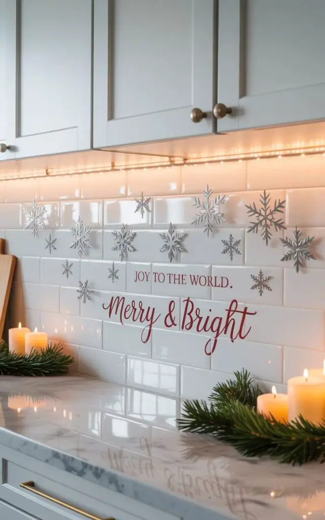 A photograph of a sleek, minimalist Christmas kitchen featuring a pristine white subway tile backsplash adorned with elegant peel-and-stick decals. The carefully positioned decals display delicate silver snowflake patterns and festive phrases like "Joy to the World" and "Merry & Bright" in sophisticated red script, creating perfect symmetrical alignment above marble countertops. Soft under-cabinet LED lighting casts a warm glow that catches the subtle shimmer of the metallic decals, while small pine garlands drape gracefully along the counter edges beside flickering vanilla-scented candles in glass holders. The overall aesthetic balances contemporary clean lines with thoughtful seasonal touches, showcasing how temporary holiday décor can enhance rather than clutter a modern space.
