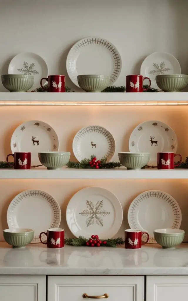 A photograph of a pristine minimalist kitchen featuring open shelving elegantly decorated for Christmas with carefully curated holiday dinnerware. The shelves display an artful arrangement of white ceramic plates adorned with delicate silver snowflake patterns, deep red mugs featuring holly leaf motifs, and sage green bowls with subtle reindeer silhouettes, all positioned with perfect symmetry. Warm LED under-cabinet lighting casts a gentle glow across each piece, while small sprigs of fresh evergreen and clusters of bright red berries are strategically placed between the dishes to add natural texture. The clean marble countertops below remain completely uncluttered, emphasizing the sophisticated restraint of the design and creating a serene balance between festive charm and modern elegance.