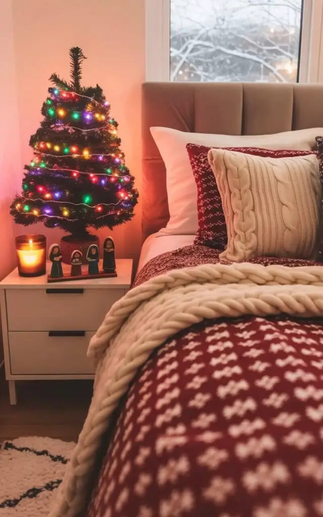 A queen-sized bed with a plush headboard sits centered in a bedroom featuring a clean white wall behind it. A small Christmas tree decorated with multicolored twinkling fairy lights sits on a bedside table next to the bed, alongside a holiday-scented candle emitting a warm, amber glow, and a small, handcrafted nativity scene with three figurines. The bed is covered in a red-and-white patterned duvet, complemented by a thick cream-colored throw blanket and several pillows with cable knit patterns. The room's window reveals a snow-covered landscape with bare tree branches silhouetted against a gray sky, while a soft rug with a geometric pattern covers the hardwood floor.