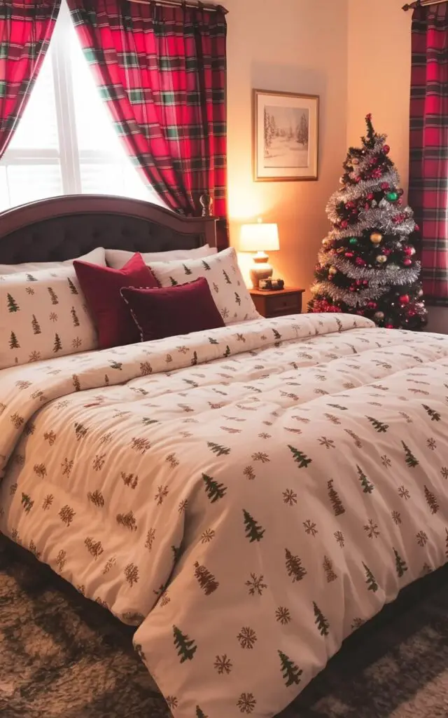 A plush king-sized bed with a dark brown wooden headboard is centered in a brightly lit bedroom, positioned directly beside a large window covered in red and green plaid curtains. The bed is adorned with soft, cream-colored bedding featuring a repeating pattern of small pine trees and snowflakes, with several dark red throw pillows arranged at the head. A six-foot tall artificial Christmas tree with silver tinsel and multi-colored ornaments sits in the corner near a small wooden nightstand holding a lamp with a frosted glass shade. The room has beige painted walls, a dark hardwood floor, and a faint golden glow permeates the space, filtering through the curtains and illuminating a framed print of a snowy winter landscape hanging on the wall opposite the bed.