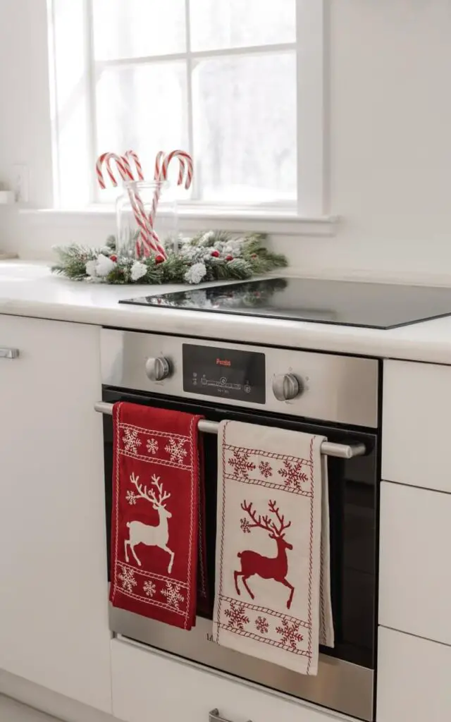 A photograph of a pristine minimalist kitchen showcasing elegant Christmas styling through carefully chosen red-and-white accents. Two beautifully designed dish towels hang neatly from a single stainless-steel oven handle, each featuring intricate woven Christmas motifs of delicate snowflakes, graceful reindeer silhouettes, and classic candy cane stripes in rich crimson and ivory. A clear glass jar filled with red-and-white striped candy canes sits on the spotless white countertop alongside a small wreath adorned with frosted pine leaves that catch the light. Clean white cabinetry frames the scene while soft natural light streams through a nearby window, creating gentle reflections on the stainless steel surfaces and adding a subtle shimmer to the festive details.
