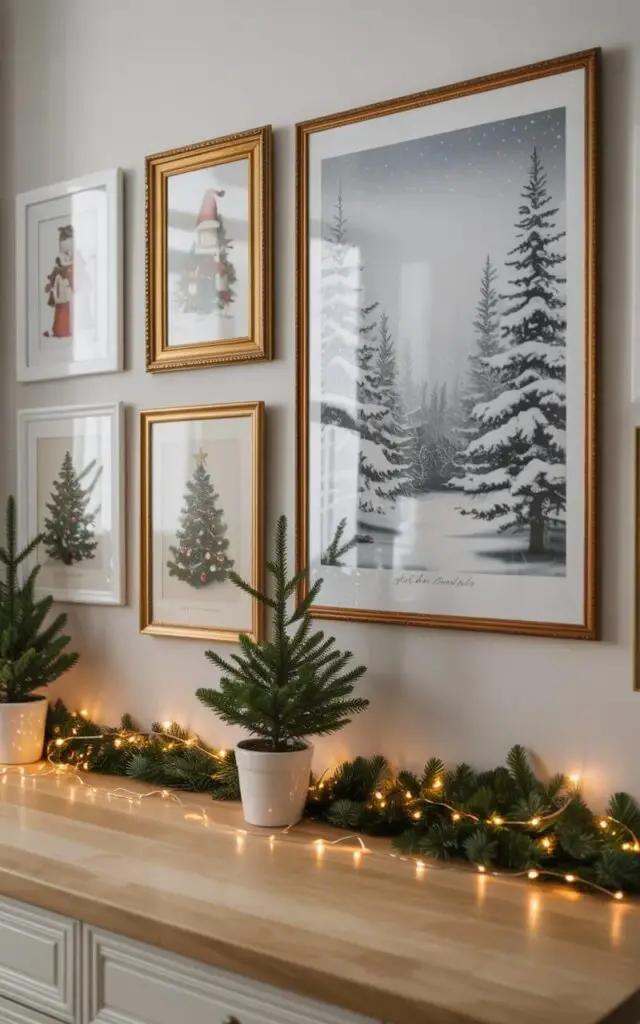 A well designed and very minimalist Christmas kitchen where the walls are well decorated with a curated arrangement of holiday-themed artwork. Framed prints of vintage Christmas illustrations and a large snowy forest landscape art. The frames—some gold, some white—add texture and harmony without overwhelming the neutral palette. Beneath them, small potted evergreens and garlands accentuate the holiday feel, while gentle ambient light creates a cozy glow across the room. The composition achieves the perfect balance of sophistication and Christmas spirit, transforming simple wall space into a statement of seasonal artistry.
