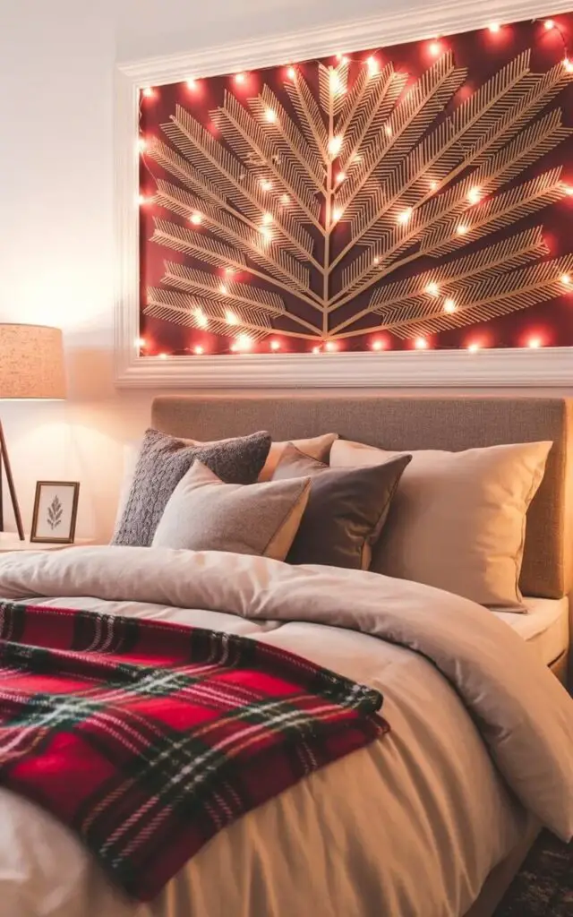 A king-sized bed with a neutral-toned linen headboard sits centered beneath a rectangular wall display featuring a stylized Christmas tree design rendered in gold and white metallic panels. The tree’s branches are composed of thin, angular lines that create a geometric pattern, with small white LED lights subtly illuminating the edges. A plush duvet in cream-colored fabric covers the bed, accented by a folded red plaid throw blanket and several decorative pillows in varying shades of gray. The bedroom's walls are painted a soft off-white and feature a small framed print on a side table next to a floor lamp with a linen shade, while a large window behind the bed reveals a snowy landscape outside.