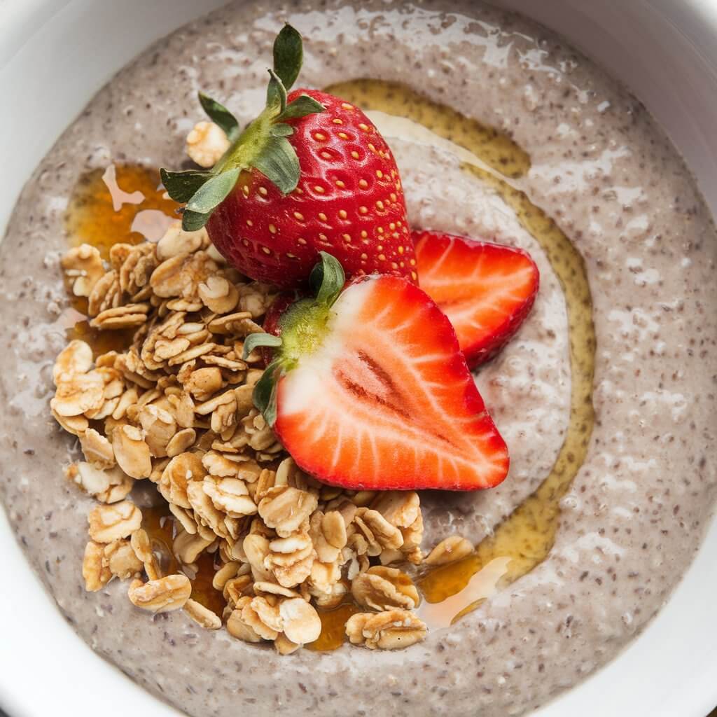 A photo of a bowl of thick flaxseed porridge. The porridge has a smooth, creamy texture and is speckled with tiny flaxseeds. The bowl is topped with fresh strawberries, a drizzle of honey, and a sprinkle of granola. The combination of soft porridge and crunchy toppings creates a visually appealing and texturally interesting dish.