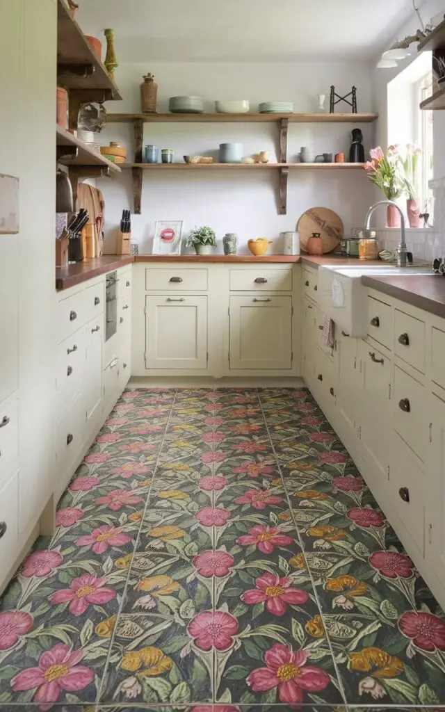 A photo of a colorful kitchen with a floor covered in floral-patterned vinyl tiles. The design features bright flowers in shades of pink, yellow, and green, adding a playful, garden-inspired touch to the kitchen. Paired with cream cabinets and rustic wood shelving, the floor brings warmth and charm to the space.