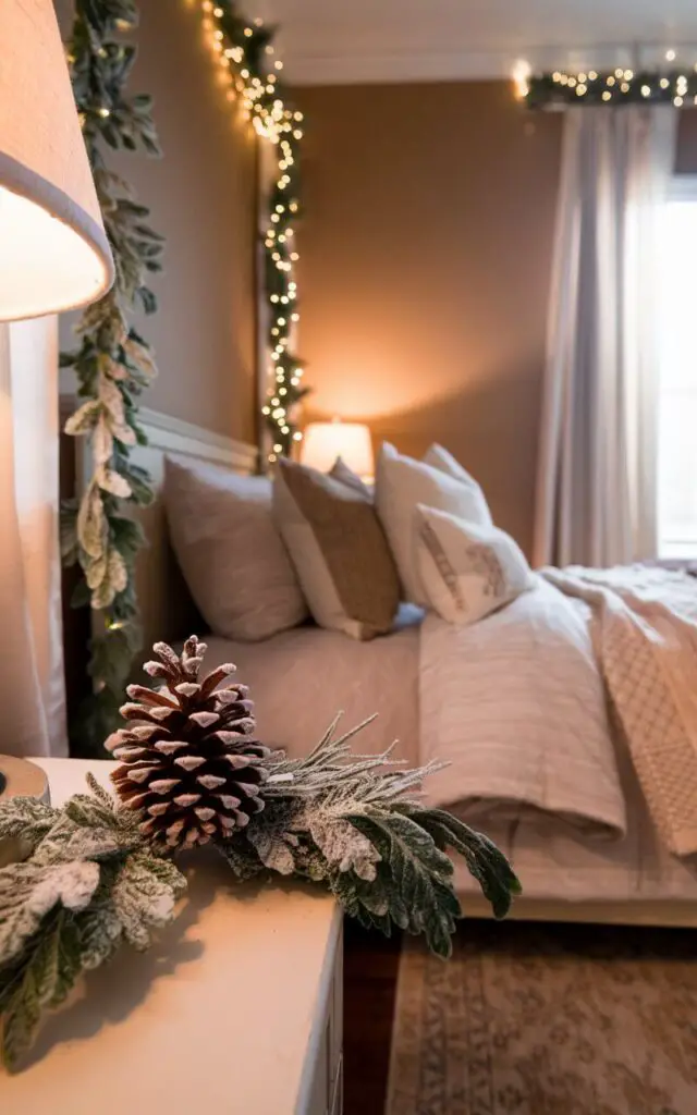 A Christmas bedroom with a frosted pinecone and a sprig of greenery on the nightstand and windowsill. The natural elements add a subtle festive touch. There are fairy lights wrapped around the lampshade and the curtain rod. The bed is made with cozy bedding, including a plush comforter, fluffy pillows, and a warm blanket. The room has a soft glow from the fairy lights and the lamp. The walls are painted in a warm beige color. The floor is covered with a beige area rug.