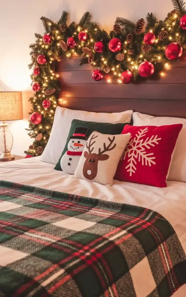 A king-sized bed with a dark wood headboard is draped with a lush garland composed of fir branches, tiny LED lights, pinecones, and bright red baubles. The garland curves gently across the headboard, with the lights twinkling softly and reflecting off the metallic surfaces of the ornaments. A thick plaid blanket in shades of green, red, and cream lies neatly across the bed, complemented by three Christmas-themed pillows—one shaped like a snowman, one displaying a reindeer, and one with a festive snowflake pattern. The bedroom’s walls are painted a soft beige, and a vintage-style lamp with a linen shade sits on a small bedside table, casting a warm glow on the scene.