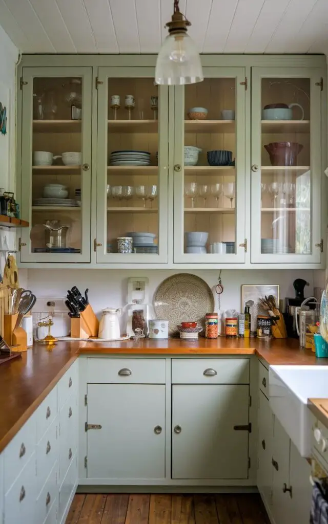 A photo of a small cottage kitchen with glass-front cabinet doors. Inside the cabinets, neatly arranged dishes and glassware are on display. The clear glass doors create an open, airy feel while allowing the homeowner to showcase their favorite kitchen items. The countertops are covered with various kitchen tools and ingredients. The room has a wooden floor and a vintage lighting fixture.