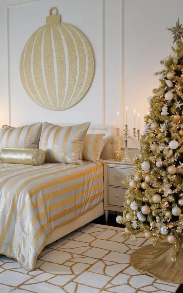 A photo of a Christmas bedroom with gold and silver accents. The room has a king-size bed with a gold and silver striped bedspread. There are two gold and silver throw pillows on the bed. The wall behind the bed has a large gold Christmas ornament. On the nightstand next to the bed, there's a silver candle holder with a lit candle. The floor has a gold and silver area rug. The room has a gold Christmas tree with silver ornaments and a star topper.