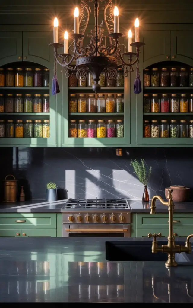 A photograph of a meticulously organized witch's kitchen bathed in the eerie glow of a grand gothic chandelier. Beneath the wrought iron chandelier, polished dark green cabinets showcase rows of glass jars filled with colorful herbs and dried flowers, sitting atop sleek, polished stone counters. A gleaming gas stove and a dark stone sink with a brass faucet are centrally located, reflecting the chandelier’s light and adding to the room's mystical ambiance, with a single sprig of rosemary placed in a small vase on the counter. Soft shadows play across the room, creating a moody and enchanting atmosphere.
