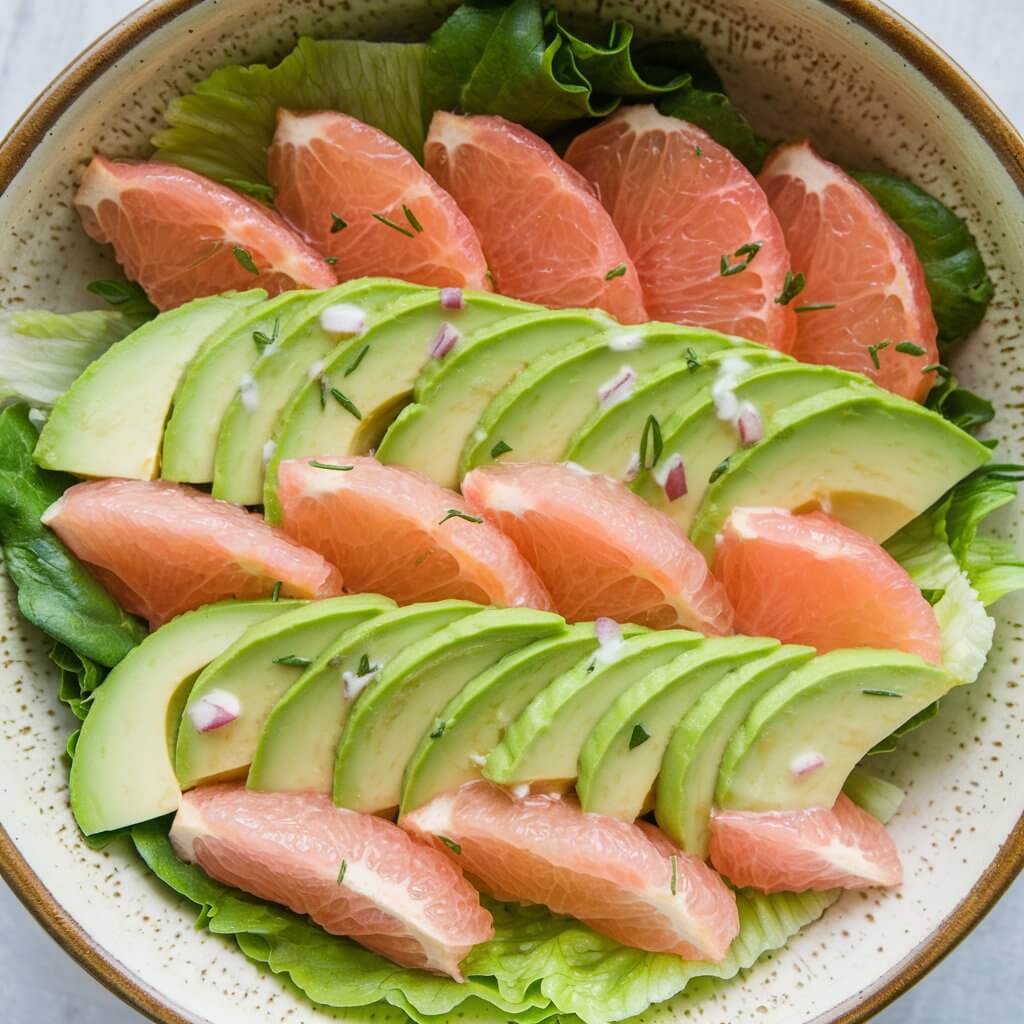 A photo of a ceramic bowl containing a vibrant grapefruit avocado salad. The salad consists of alternating slices of pink grapefruit and creamy avocado, arranged neatly on a bed of green lettuce. The grapefruit segments are juicy and bright, contrasting with the smooth, light green avocado. A light dressing with visible onion bits and herbs is drizzled over the top, adding extra flavor and a touch of brightness. The salad has a refreshing and colorful presentation, ideal for a light and healthy meal.