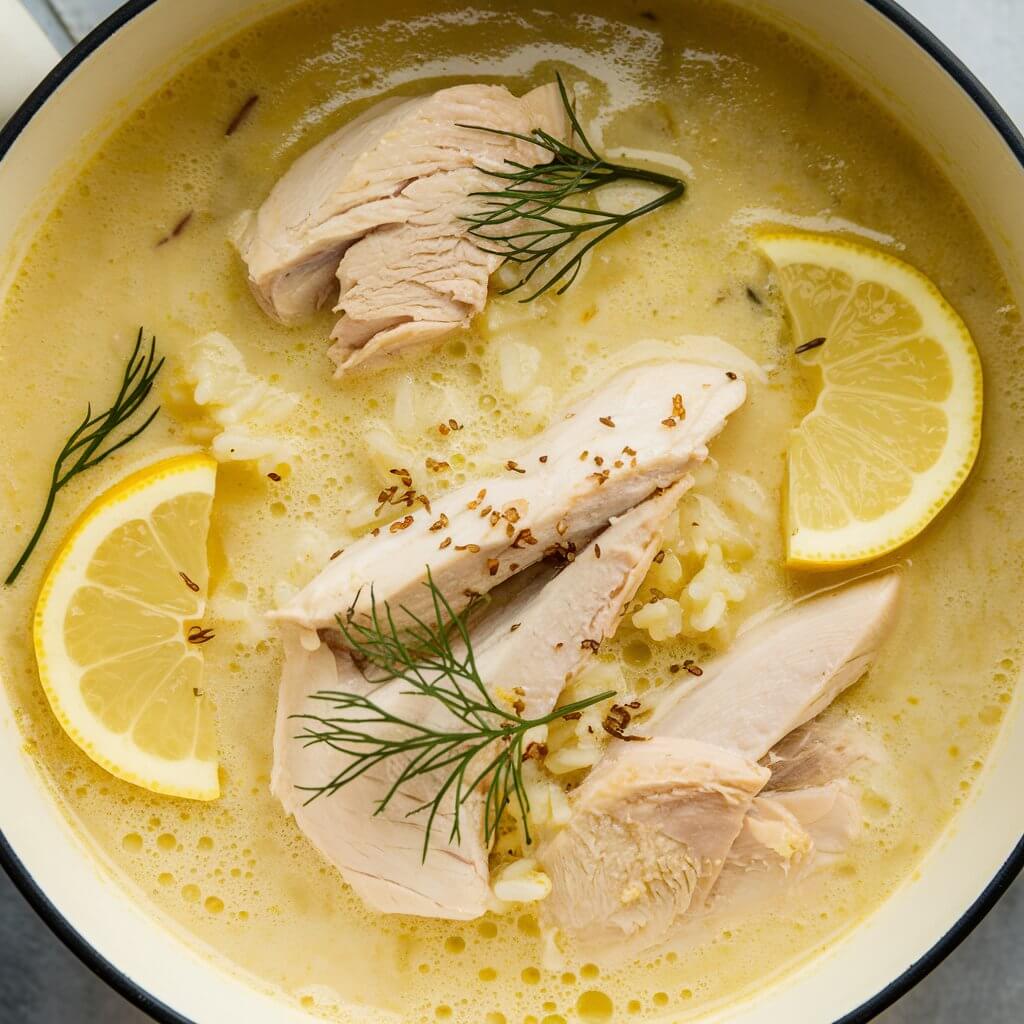 A silky, lemon-infused avgolemono chicken soup with a creamy, pale yellow broth. Tender pieces of chicken and small grains of rice are visible in the soup, while the texture remains smooth and luxurious. Lemon wedges and sprigs of dill garnish the dish, adding brightness to the rich, velvety soup.