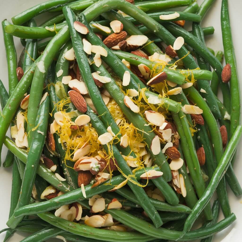 A photo of a Thanksgiving salad with blanched green beans, toasted almond slivers, lemon zest, and olive oil. The green beans are bright green and lightly coated, while the almonds add a golden crunch. The salad has a crisp, refreshing appearance and is a lighter option among the richer dishes.