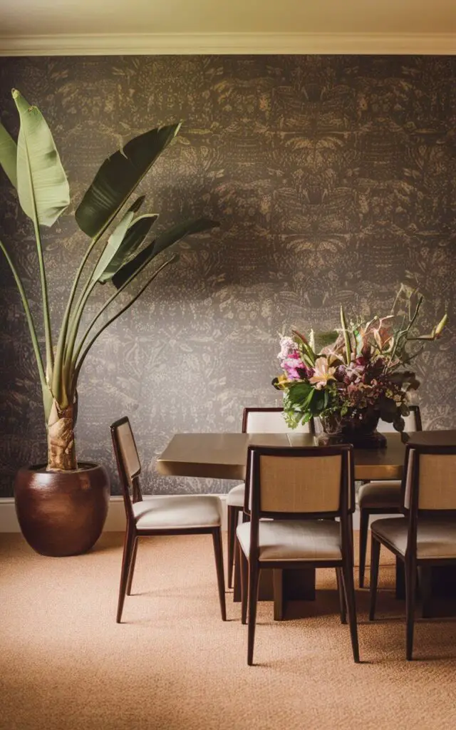 A transitional dining room with a large, leafy potted plant in one corner. The wall behind the plant has a patterned wallpaper. There's a dining table in the middle of the room, with a fresh flower arrangement as the centerpiece. The table has six chairs. The floor is covered with a beige carpet. The lighting is warm.