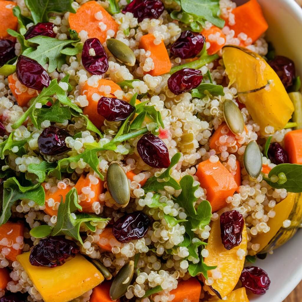 A medium shot of a colorful quinoa-based salad filled with roasted fall vegetables like squash and carrots. The salad is dotted with dried cranberries and pumpkin seeds. The quinoa's light, fluffy texture contrasts with the bright, roasted vegetables, creating a visually appealing Thanksgiving salad. A light maple vinaigrette glistens on top, adding a finishing touch.