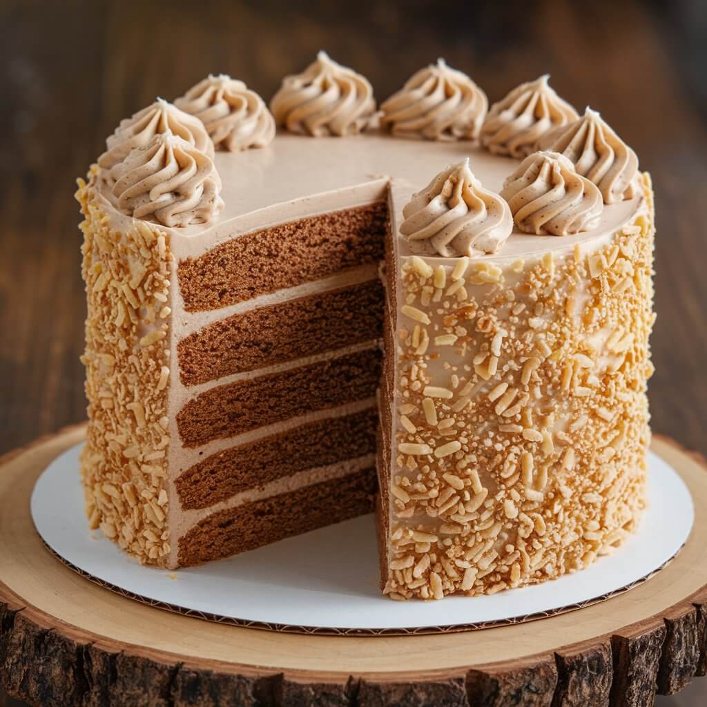 A photo of a tall, layered Hazelnut Praliné Cake with a light elegant plain creamy praliné frosting. The cake has been sliced to reveal its interior, which consists of three layers of brown cake. Each layer is separated by a thin layer of praline frosting, matching the cake's outer covering. The top of the cake is adorned with a light drizzle praline sauce. The cake is set on a wooden stand.