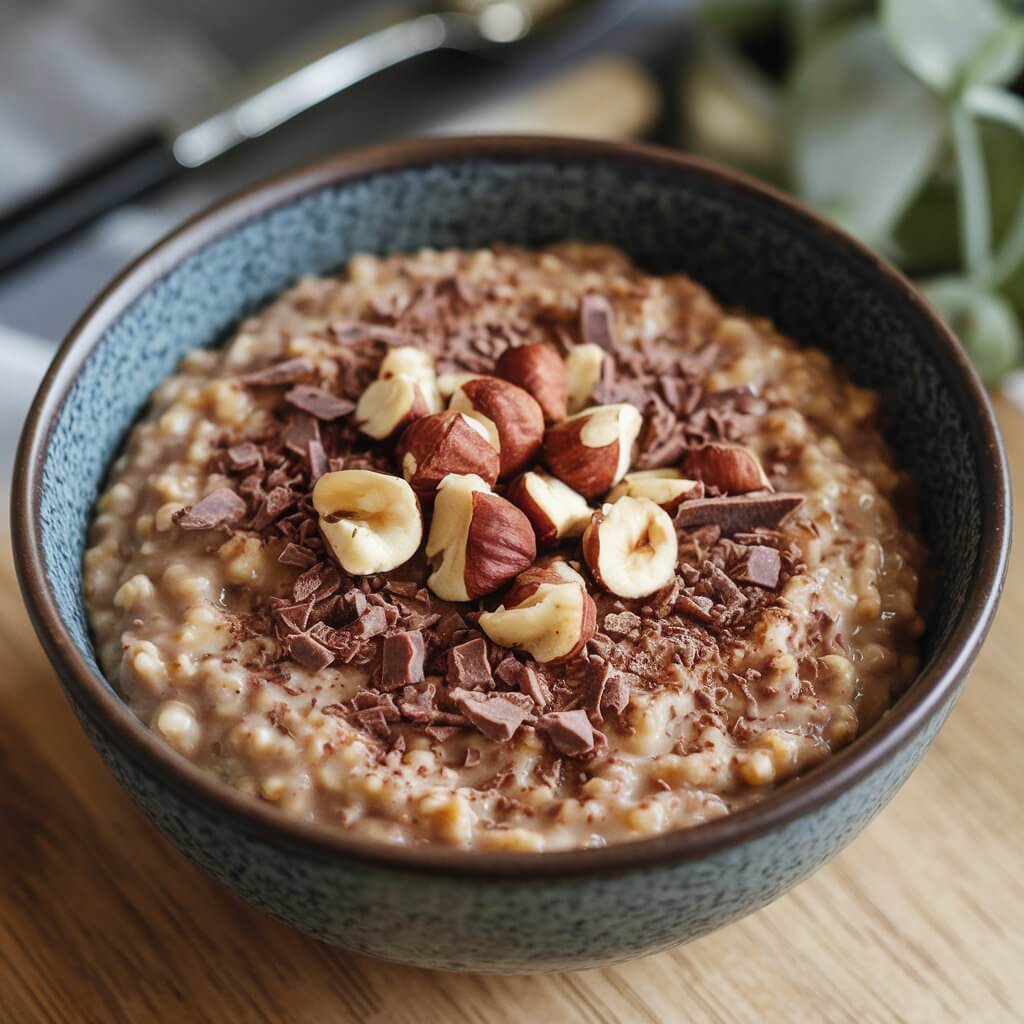 A photo of a bowl of oatmeal with a creamy, rich dark brown color. The oatmeal is flavored with cocoa or another similar ingredient, giving it a deep, earthy tone. The oatmeal is topped with a generous sprinkle of chopped hazelnuts and a sprinkle of chocolate shavings, adding both texture and a pop of color to the dish. The bowl is placed on a wooden surface. The background is blurred and contains a few utensils and a plant.