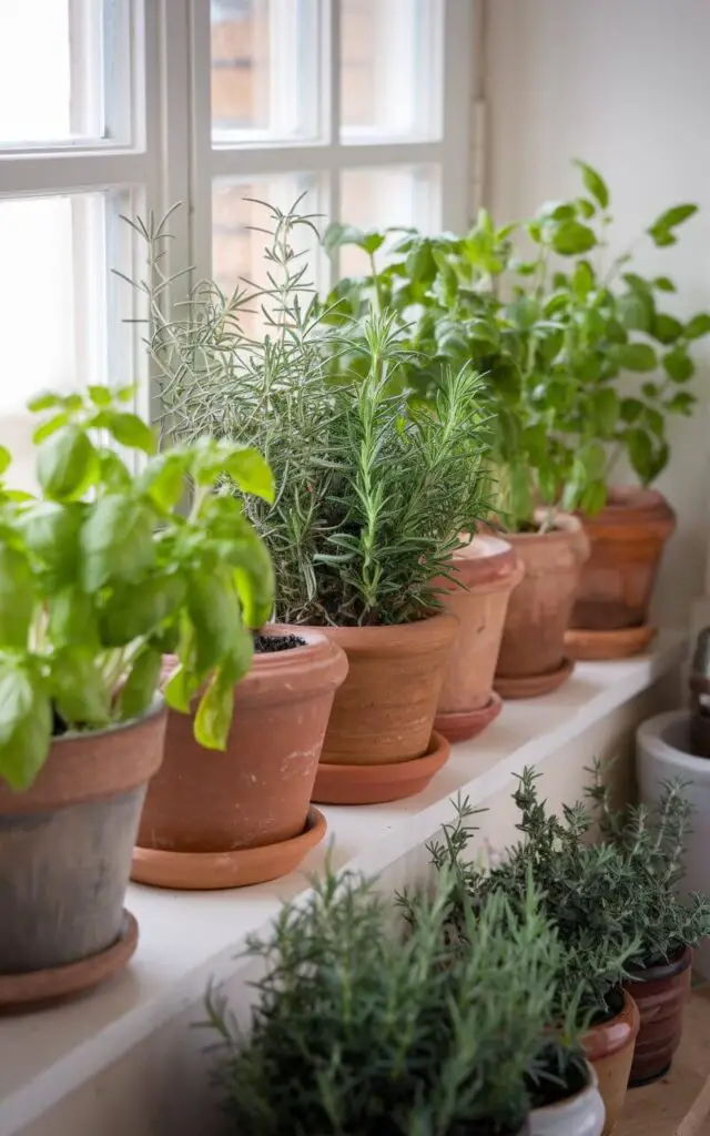 A photo of a small cottage kitchen with a windowsill lined with pots of fresh herbs. There are pots of basil, rosemary, and thyme. The herbs add a touch of green and fragrance to the room. The clay pots complement the rustic charm of the kitchen.