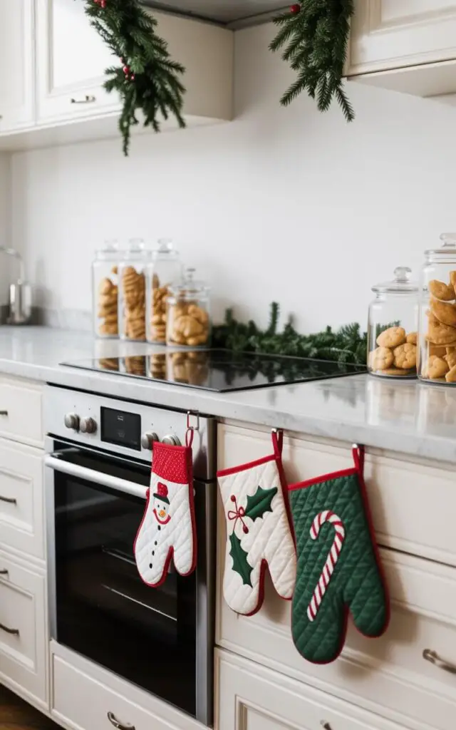 A photograph of a pristine minimalist kitchen featuring clean white cabinetry and marble countertops, styled with carefully curated Christmas accents. Colorful pot holders and oven mitts displaying cheerful snowmen, striped candy canes, and deep green holly leaves hang elegantly from polished chrome hooks beside a sleek stainless steel oven. A delicate evergreen garland drapes gracefully above the oven, while transparent glass jars filled with golden sugar cookies and festive gingerbread shapes are arranged in perfect alignment along the counter. Soft natural light filters through the space, creating gentle shadows that emphasize the clean lines and thoughtful balance between minimalist design and warm holiday charm.