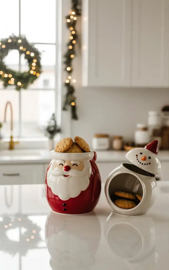 A minimalist photograph of a pristine white kitchen countertop featuring two decorative ceramic cookie jars shaped like a jolly Santa Claus and a cheerful snowman. The Santa jar gleams with a glossy red and white finish and is filled with golden-brown Christmas cookies, while the snowman jar sits playfully open with its round head tilted to one side, revealing its empty interior waiting to be refilled. Soft warm lighting bathes the scene, creating gentle reflections on the jars' surfaces and highlighting the clean lines of the modern kitchen. In the background, a festive wreath adorned with twinkling fairy lights glows softly through a nearby window, while delicate garlands drape along the upper white cabinets, maintaining the serene and uncluttered aesthetic.