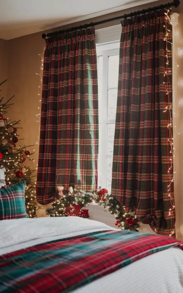 A photo of a festive Christmas bedroom with holiday-themed curtains. The red and green curtains have a plaid pattern and add a cozy touch. They complement the seasonal bedding and soft lighting from the fairy lights strung around the window. The room also has a Christmas tree in the corner. The walls are painted beige.