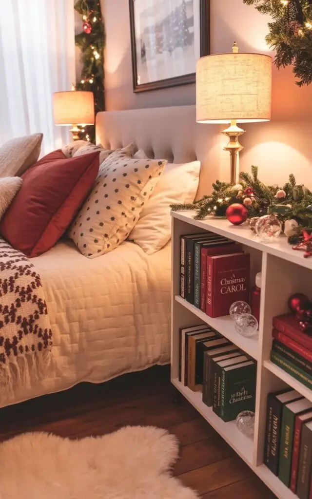 A queen-sized bed with a plush cream-colored duvet and several patterned throw pillows sits against a pale gray wall in a cozy bedroom. A neatly arranged bookshelf stands adjacent to the bed, holding hardback copies of “A Christmas Carol,” “The Night Before Christmas,” and other books interspersed with small glass ornaments and sprigs of pine boughs. A soft, ivory-colored rug lies on the hardwood floor, and a brass floor lamp with a linen shade stands on a small side table beside the bed, casting a warm light. The room features a large window with sheer curtains diffusing the winter daylight and a framed print of a snowy landscape hanging above the bookshelf.